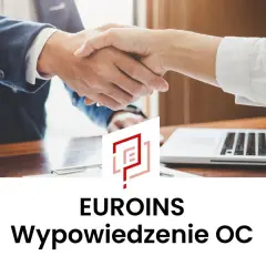 Dwie osoby ściskają sobie dłonie nad biurkiem z laptopem i logo Euroins.