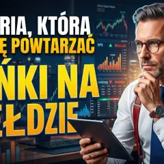 Mężczyzna w okularach analizuje wykresy na ekranach, podczas gdy na pierwszym planie widnieje napis "Bańki na giełdzie". Historia lubi się powtarzać.