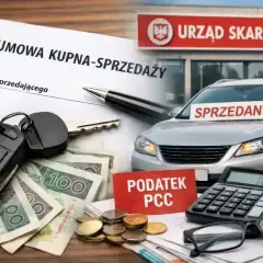 Umowa kupna-sprzedaży auta, kluczyki, pieniądze i tabliczka "Podatek PCC" przed Urzędem Skarbowym. To symbolizuje podatek od wzbogacenia auto.