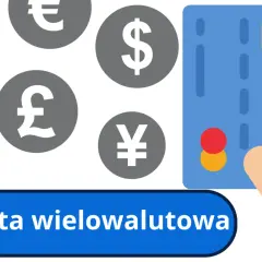 Dłoń trzyma kartę wielowalutową, a w tle symbole euro, dolara, funta i jena.