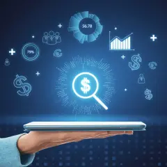 Dłoń trzyma tablet, z którego emanuje cyfrowa sieć symboli finansowych i wykresów. Sorbnet pomaga analizować te dane.