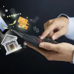 Dłonie liczą na kalkulatorze, obok ikony banku, karty, telefonu i pieniędzy. To symbol zarządzania finansami i tworzenia subkonta.