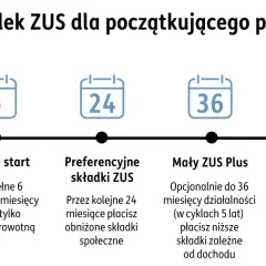 Ścieżka składek ZUS dla początkujących: ulga na start (6 mies.), preferencyjne składki (24 mies.), Mały ZUS Plus (do 36 mies.), potem Duży ZUS.