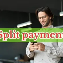 Mężczyzna w okularach korzysta z telefonu, na zielonym tle napis "Split payment".