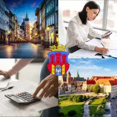 Kraków: Rynek Główny, Wawel, kobiety pracujące z kalkulatorem i laptopem, herb miasta.