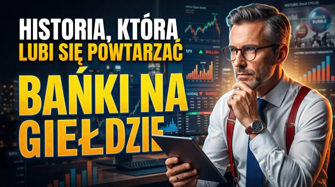 Mężczyzna w okularach analizuje wykresy na ekranach, podczas gdy na pierwszym planie widnieje napis "Bańki na giełdzie". Historia lubi się powtarzać.