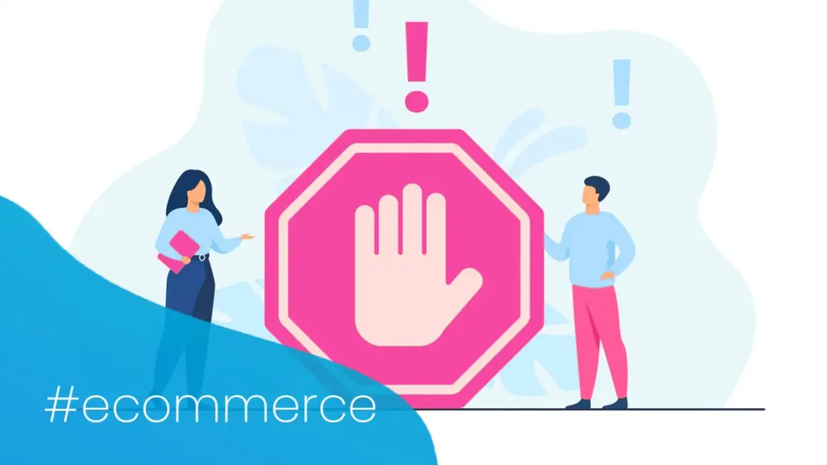 Ludzie przy znaku stop, ostrzegający przed problemami w e-commerce.