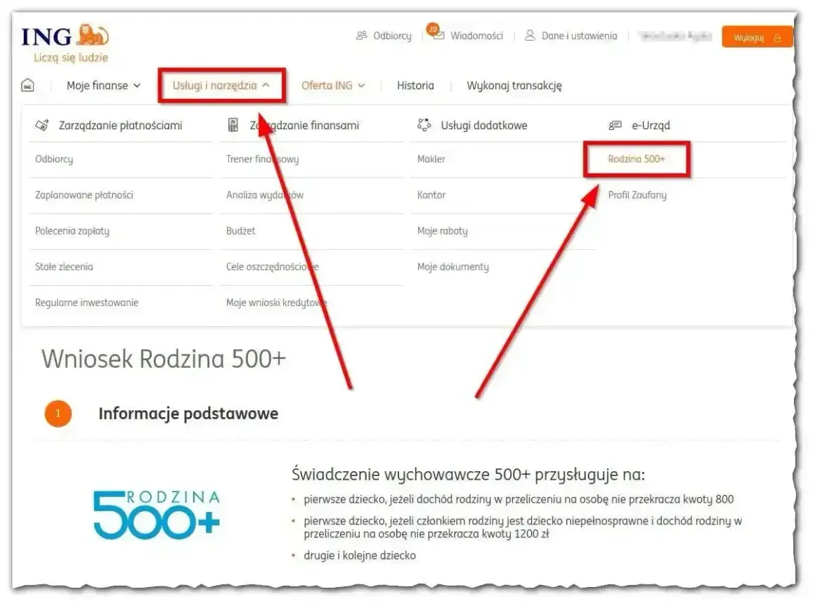 Kliknij "Rodzina 500+" w menu "Usługi dodatkowe", aby złożyć wniosek o świadczenie, gdy 800 plus.