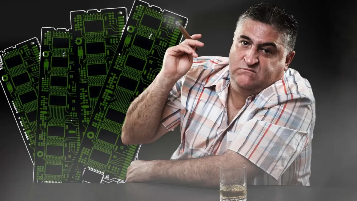 Mężczyzna z cygarem i drinkiem, otoczony przez zielone układy scalone, jakby tworzył technologiczny kartel.