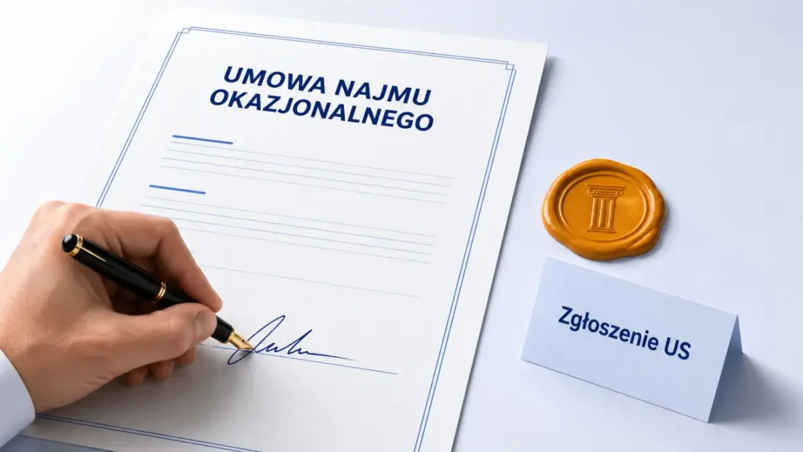 Podpisanie umowy najmu okazjonalnego. Obok dokumentu pieczęć lakowa i karteczka z napisem "Zgłoszenie US".