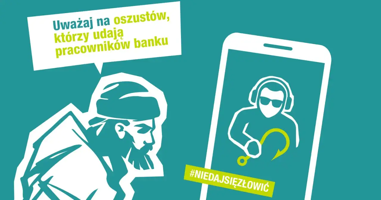 Uważaj na oszustów podszywających się pod bank! Grafika ostrzega przed vishingiem, pokazując schematyczną postać z telefonem i hasłem #Niedajsięzłowić.
