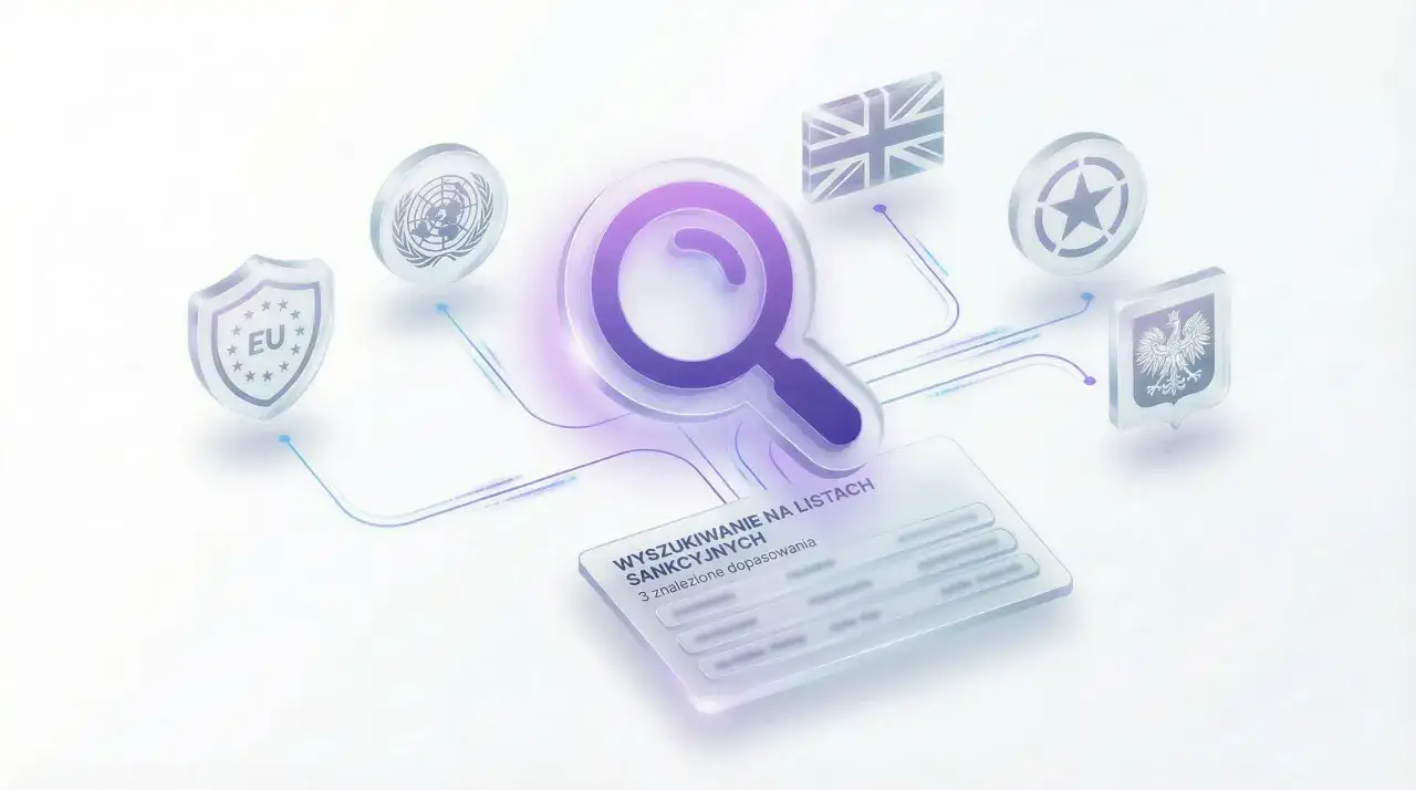 Wyszukiwanie na listach sankcyjnych. Ikony UE, ONZ, Wielkiej Brytanii, USA i Polski otaczają lupę, symbolizując globalne śledzenie.