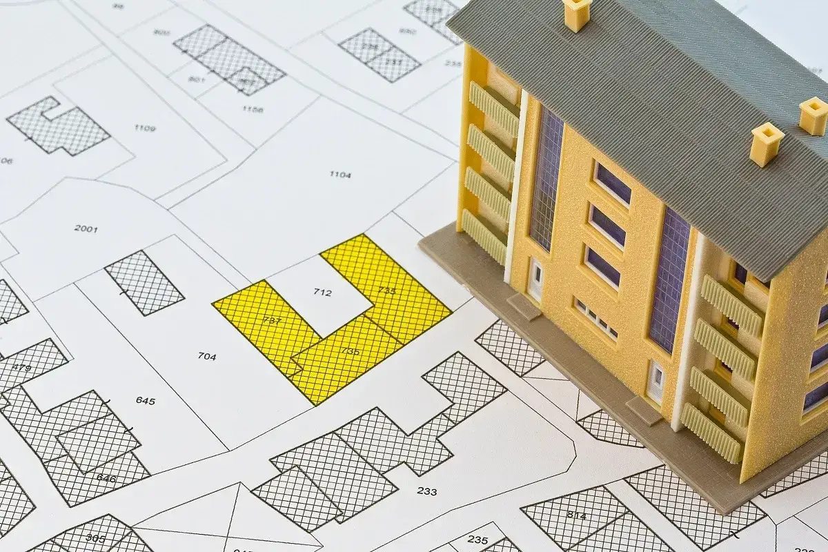 Model budynku mieszkalnego na mapie działek, gdzie żółtym kolorem zaznaczono teren pod przyszłą inwestycję, co może wiązać się z nowym podatkiem katastralnym.