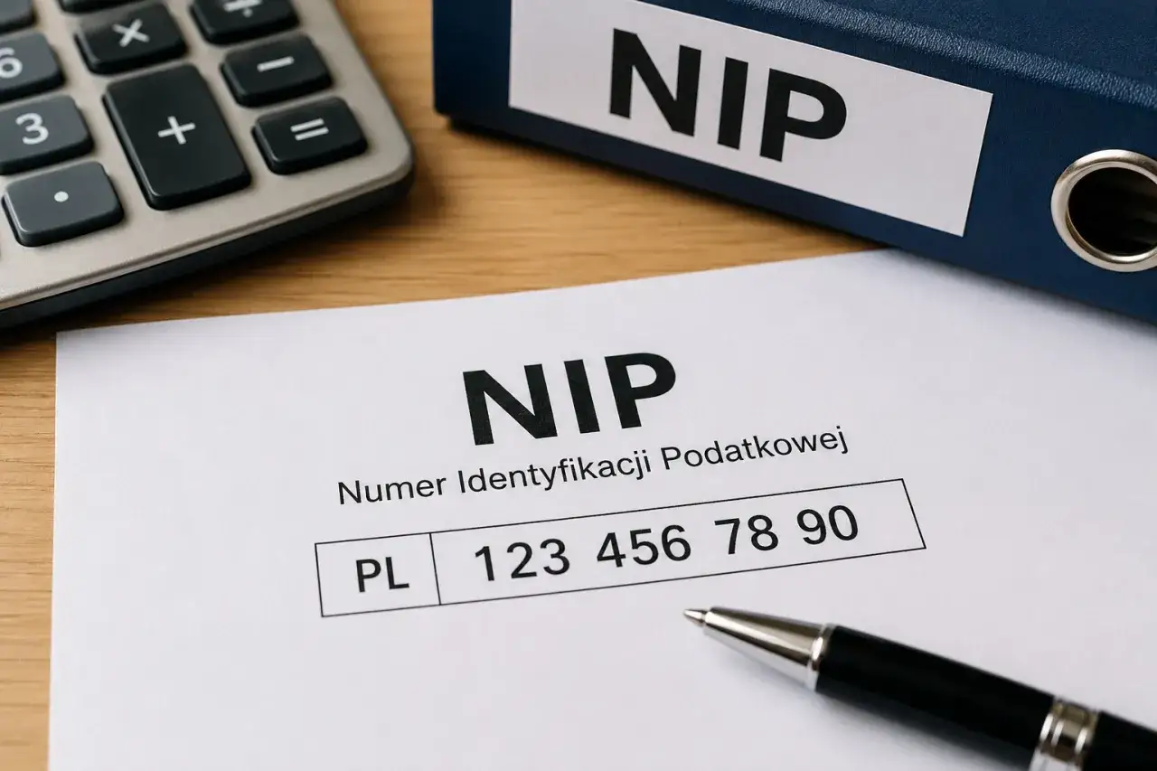 Na dokumencie widnieje numer NIP. Ile cyfr ma NIP? Ten przykład pokazuje 10 cyfr. Obok leży długopis i kalkulator.