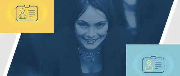 Uśmiechnięta kobieta w garniturze, obok ikony identyfikatora z numerem identyfikacji podatkowej.