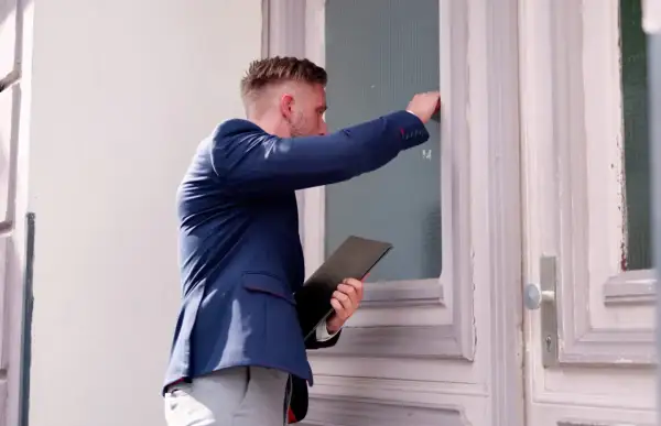 Mężczyzna w garniturze puka do drzwi, trzymając teczkę. Może to być wizyta komornika, który sprawdza kwotę wolną od zajęcia.