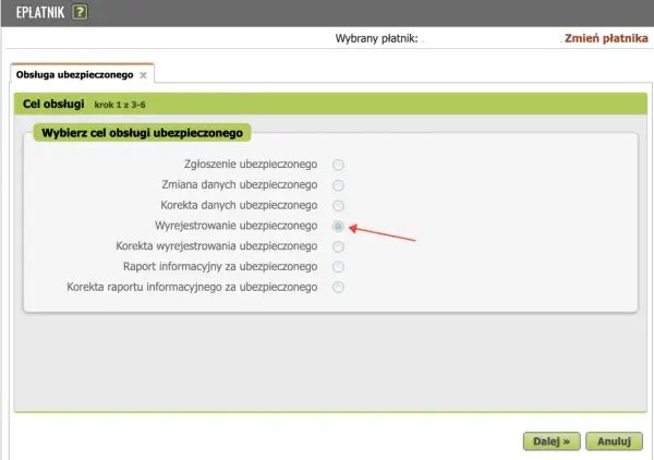 Wybór celu obsługi ubezpieczonego w systemie e-płatnik. Zaznaczono "Wyrejestrowanie ubezpieczonego", co może być związane z procesem w ZUS ZWUA.