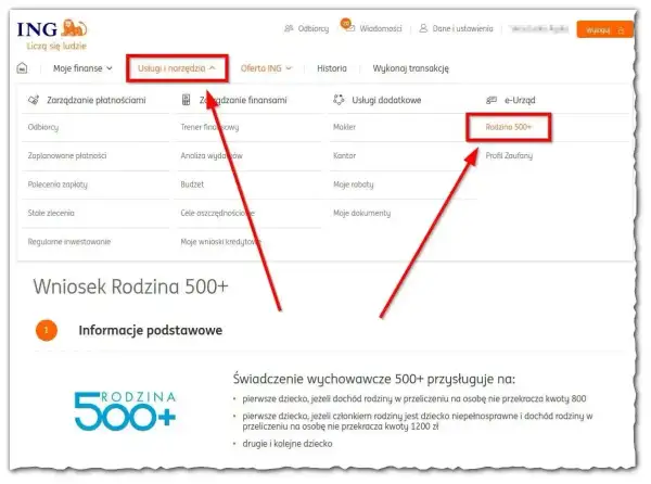Wniosek Rodzina 500+ w ING. Kliknij "Rodzina 500+" w Usługi i narzędzia, aby złożyć wniosek.