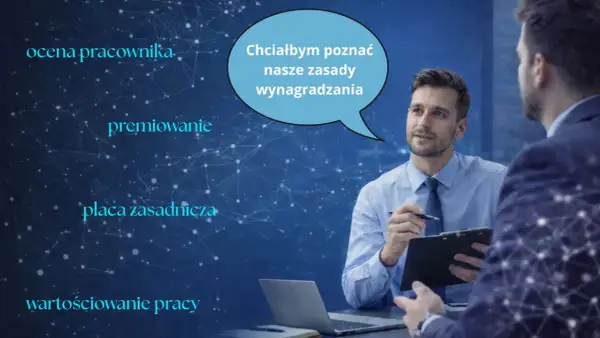 Dwóch mężczyzn w garniturach rozmawia. Jeden z nich trzyma notatnik i długopis, a nad jego głową znajduje się dymek z tekstem.