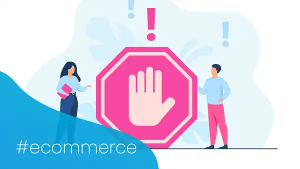 Ludzie przy znaku stop, ostrzegający przed problemami w e-commerce.