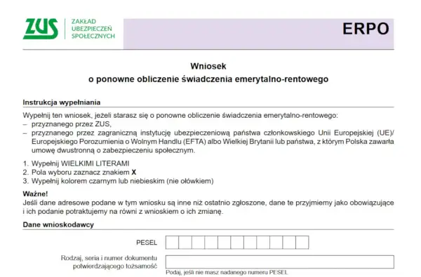 Wniosek o ponowne obliczenie świadczenia emerytalno-rentowego. Instrukcja wypełniania formularza ZUS.