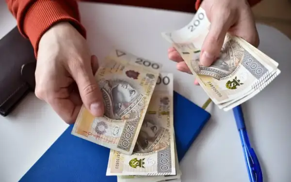 Ręce liczą banknoty 200 zł. Może to być zapłata za coś, albo przygotowanie do wydatków, np. na alkoholową rentę.