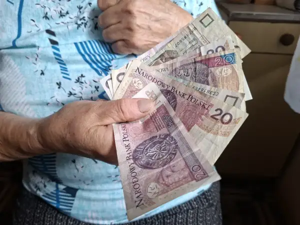 Dłoń starszej osoby trzyma polskie banknoty. To może być część jej emerytury wdowiej, symbolizująca wsparcie finansowe.
