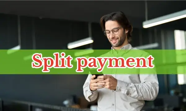 Mężczyzna w okularach korzysta z telefonu, na zielonym tle napis "Split payment".