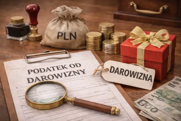 Dokument "Podatek od darowizny", lupa, worek z PLN, monety, prezent i banknoty.