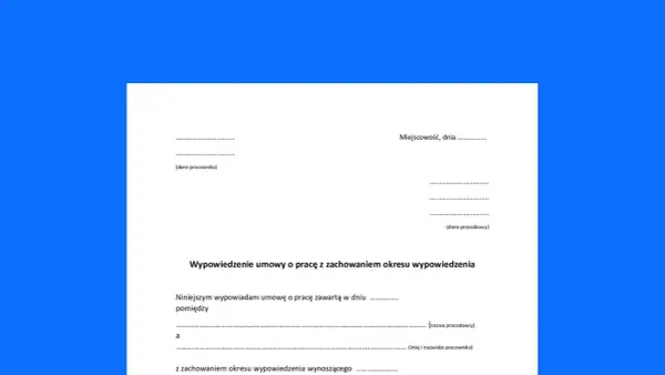 Formularz wypowiedzenia umowy o pracę na czas określony. Dokument zawiera pola na dane pracownika i pracodawcy oraz treść oświadczenia o wypowiedzeniu.