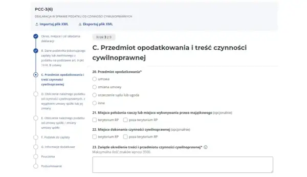 Formularz PCC-3(6) do rozliczenia podatku od kupna samochodu online. Sekcja "Przedmiot opodatkowania i treść czynności cywilnoprawnej".