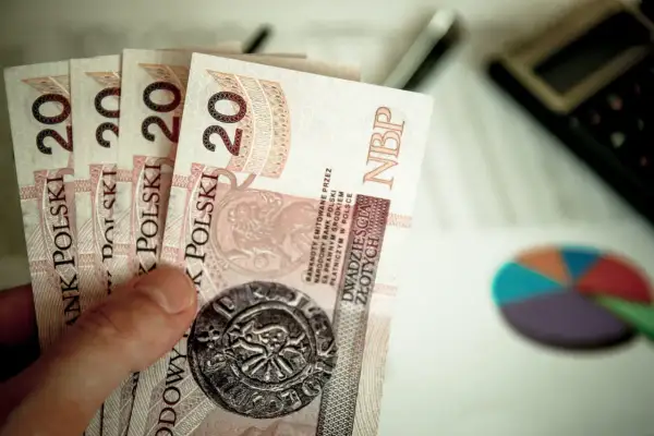 Dłoń trzyma banknoty dwudziestozłotowe. Obok leży kalkulator i wykres kołowy, sugerując rozważania o tym, czy to brutto czy netto na rękę.