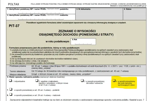 Formularz PIT-37, sekcja wyboru sposobu rozliczenia podatku. Zaznaczono opcję "w sposób przewidziany dla osób samotnie wychowujących dzieci".