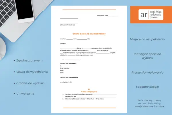 Wzór umowy o pracę na czas nieokreślony z polami do uzupełnienia.