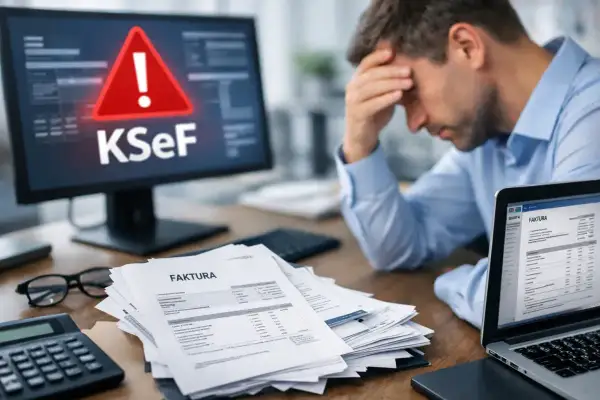 Zestresowany mężczyzna przy biurku, na monitorze KSeF z wykrzyknikiem, stos faktur.