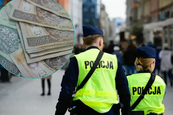 Policjanci w kamizelkach odblaskowych na tle miasta i stos banknotów. Czy to wizualizacja przyszłej emerytury policyjnej?